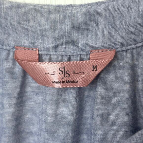 SJS Wms Med Blue Sleeveless Tunic Tank White Puffy Floral Design Tie Neck Casual - Picture 3 of 8